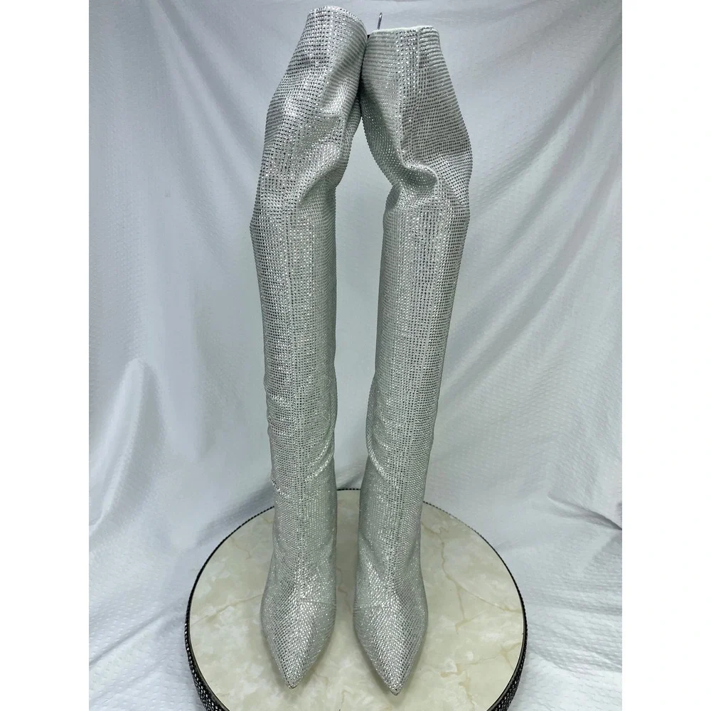 Aldo Rhinestone Over-the-Knee Stiletto Boots Womens 6 Silver Sparkly Pointed Toe